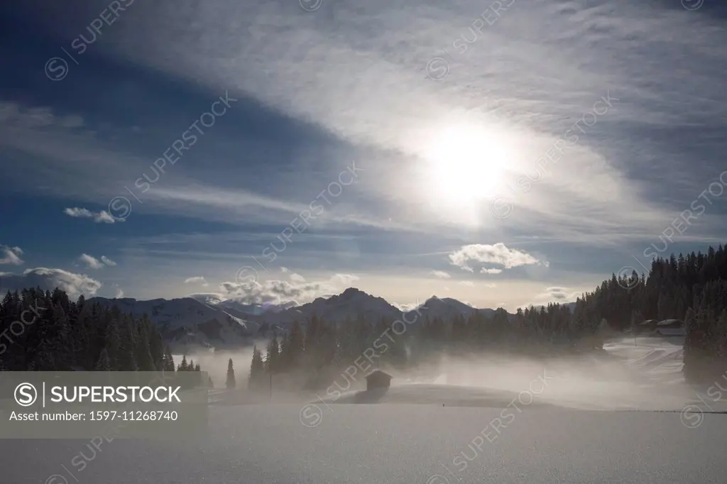 Simmental, look, Jaunpass, Simmental, mountain, mountains, winters, canton Bern, tree, trees, fogs, sea of fog, Switzerland, Europe,