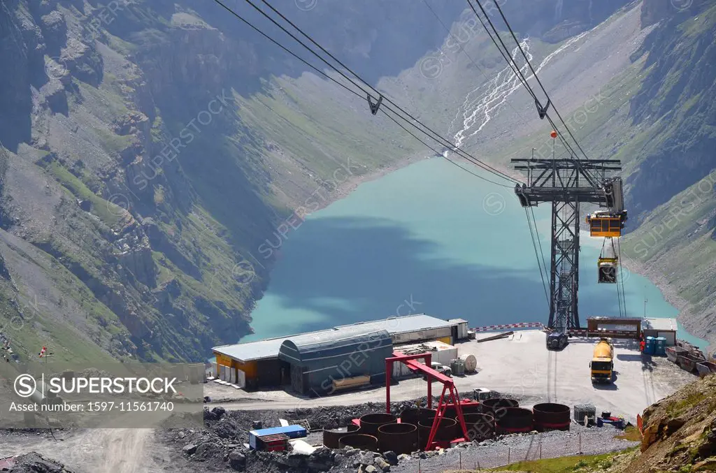 Switzerland, Europe, canton Glarus, Linthal, Linth, Mutten, Muttsee, construction, traffic jam wall, dam, reservoir, pumped storage, hydro, Axpo, Lint...