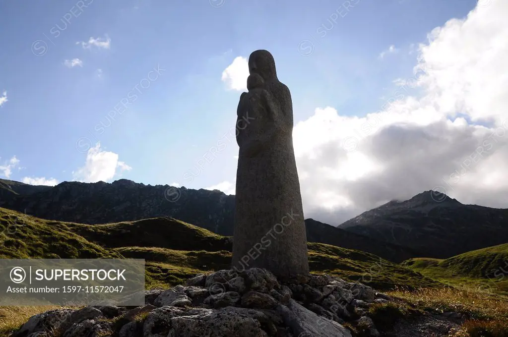 Switzerland, Europe, Graubünden, Grisons, Ticino, Lukmanier, pass, Passo del Lucomagno, statue, Madonna, granite, Giovanni Genucchi, Parco Adula,