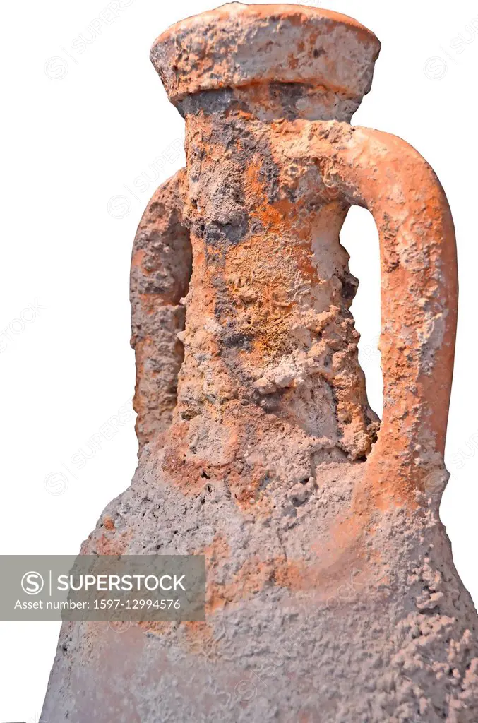 Roman amphora recovered from a shipwreck. Isolated against a white background