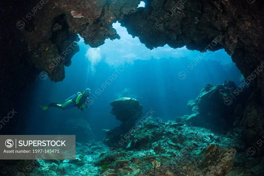 Scuba Diver, Underwater Cave, Namena, Marine, Reserve, Fiji, Cave, Cavern diving, Cave Diver, Cave diving, Underwater Cave, Grotto, extreme sport, scu...