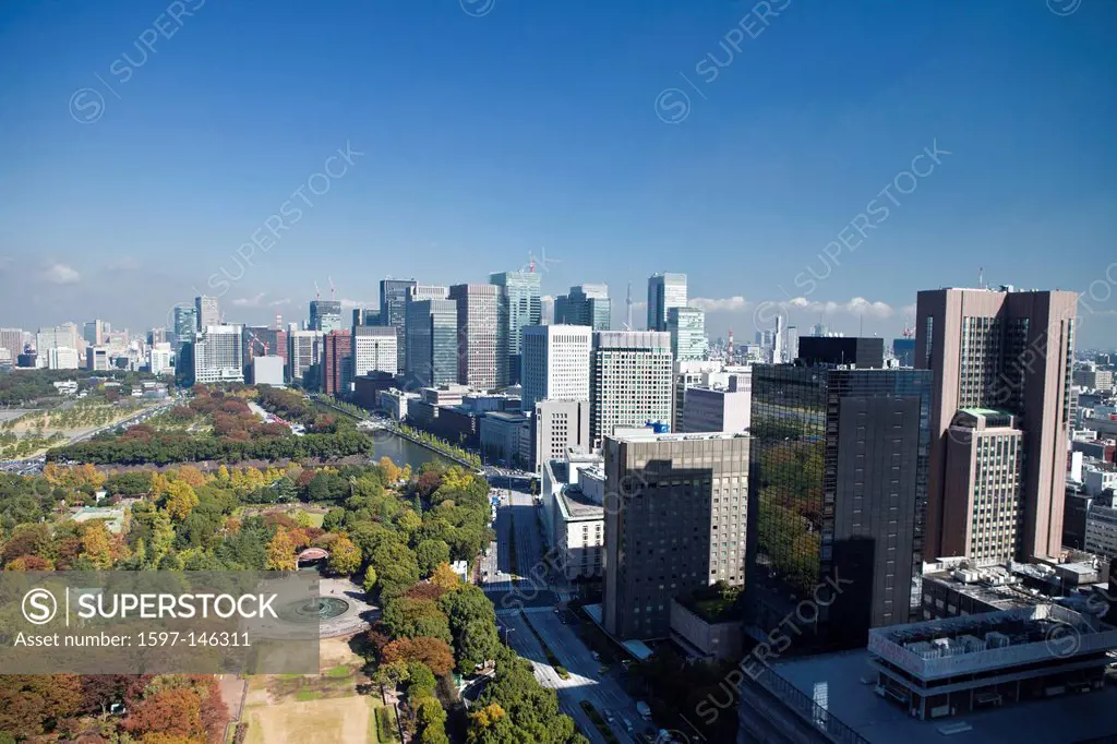 Japan, Asia, Tokyo, city, Hibya Park, Marunouchi, Skyline, Sky, Tree Tower, architecture, blue, central, city, dense, downtown, financial, imperial, p...