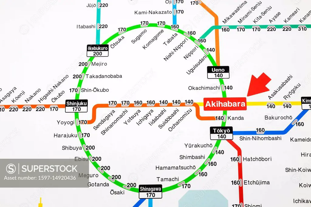 Japan, Honshu, Tokyo, Akihabara Station, Train Network Map showing Ticket Prices to Various Destinations in English