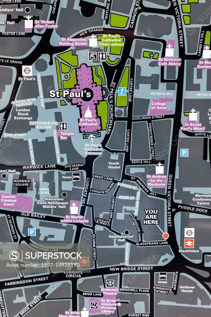 England, London, City of London, Street Map of Ludgate Circus and St Pauls Cathedral Area