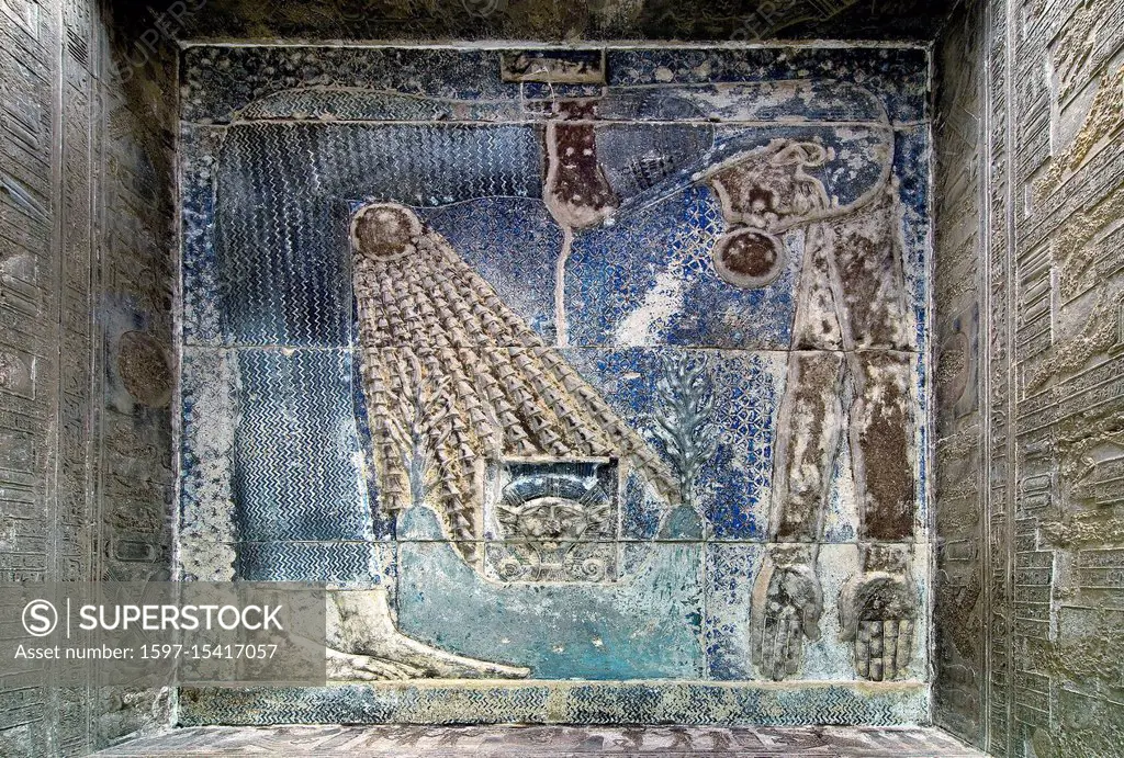 Dendera Egypt, temple dedicated to the goddess Hathor. View of the hypostyle hall. The goddess Nut in the ceiling before cleaning.