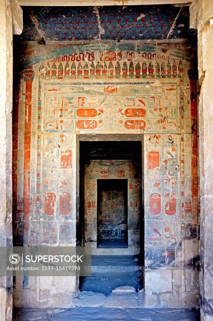 Deir el Bahari, Luxor, Egypt: temple of the queen Hatshepsut (New Kingdom 1567-1080 b.C.) at Deir el Bahari called Djeser-Djeseru. an internal depicte...