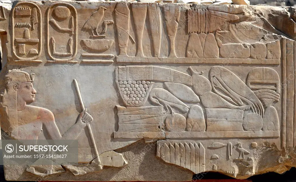 Karnak, Luxor, Egypt. Temple of Karnak sacred to god Amon: the pharaoh Sesostris I offers foods.