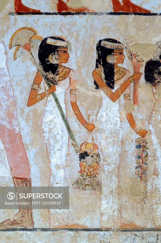 Luxor, Egypt, tomb of Menna or Menena (TT69) in the Nobles Tombs (Sheikh Abd El-Qurna necropolis): beautiful scenes of life.