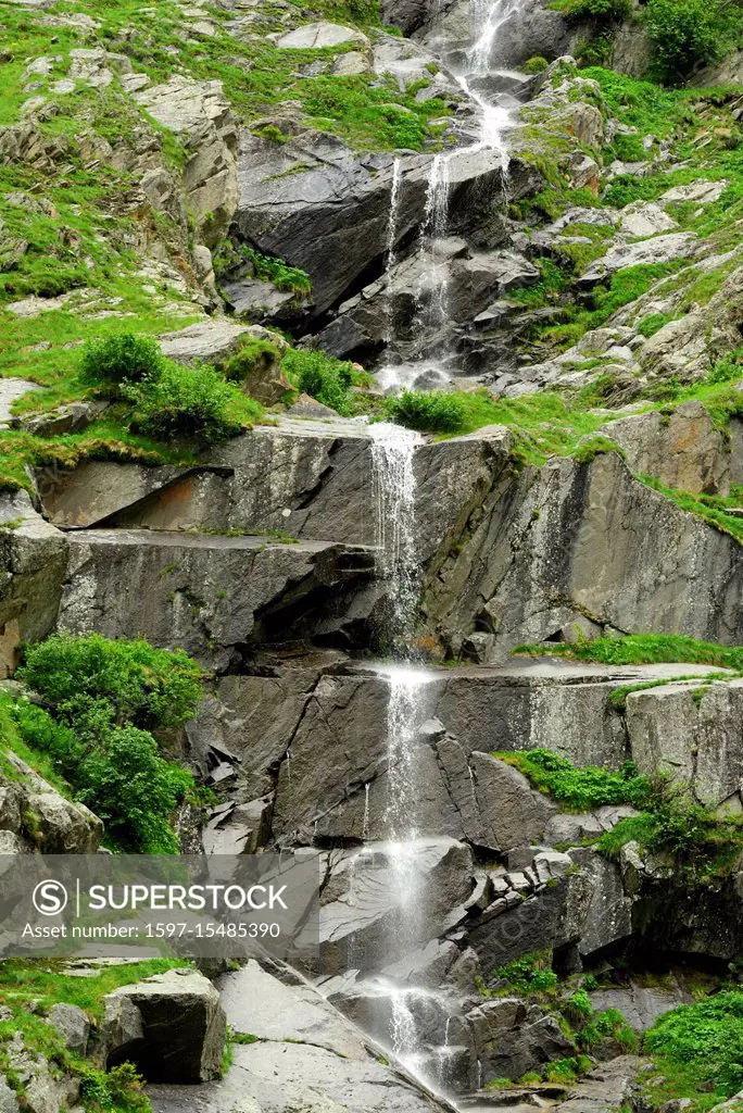 Mountain stream, waterfall, Val Cristallina, S. Gions, Medel, Alps, Canton of Graubünden, Switzerland