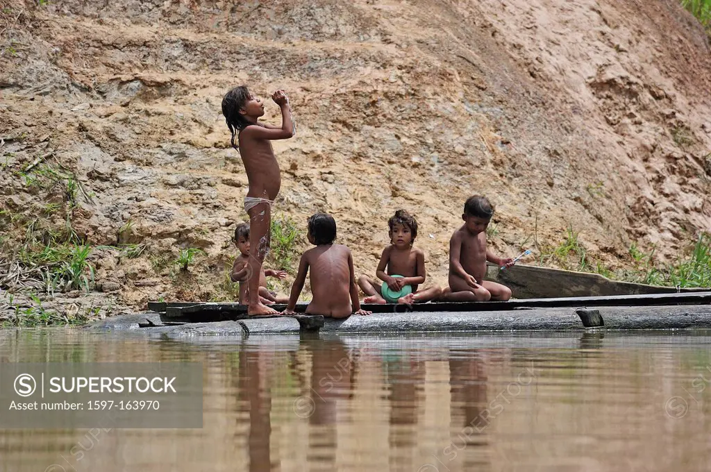 Indian kids, bathing, playing water, Indigenous, Indian tribe, Amacayon, Ticuna, Indians, Amazon, River, Puerto Narino, Colombia, South America