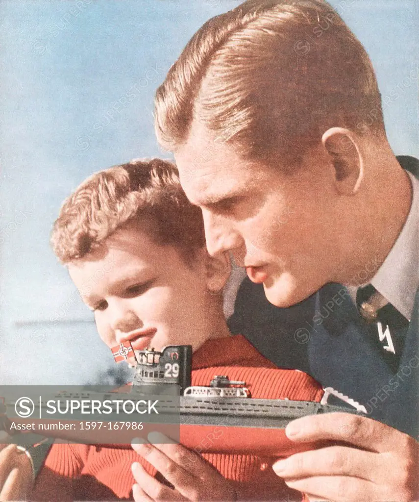 Boat, Swastika, German, father, son, toy, vessel, Nazi, flag, World War II, Germany, 1940,