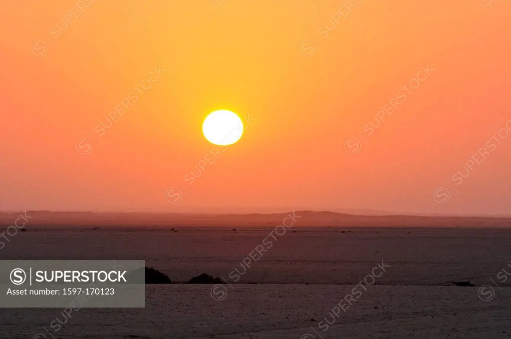 Africa, Henties Bay, Namibia, Skeleton Coast, desert, horizontal, landscape, orange, sun, sundown, sunset