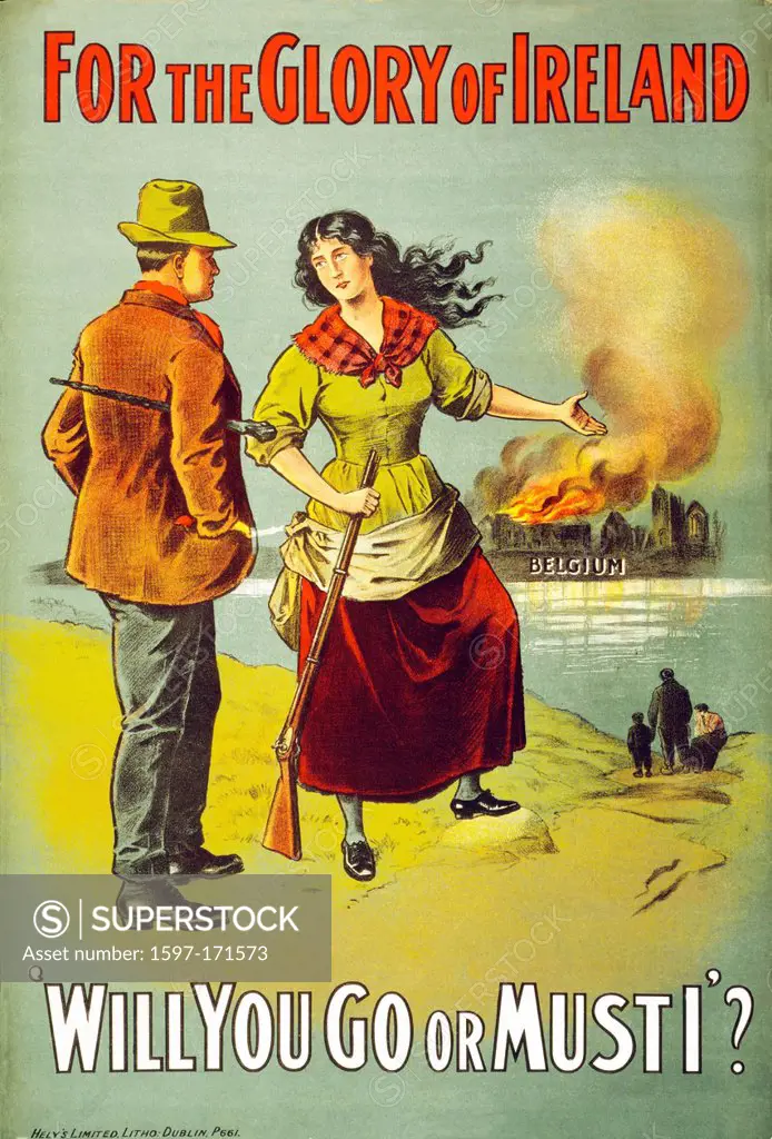 First World War, WWI, World War I, world war, war, Europe, propaganda, poster, English, recruitment poster, woman, gun, man, Belgium, Ireland, 1915