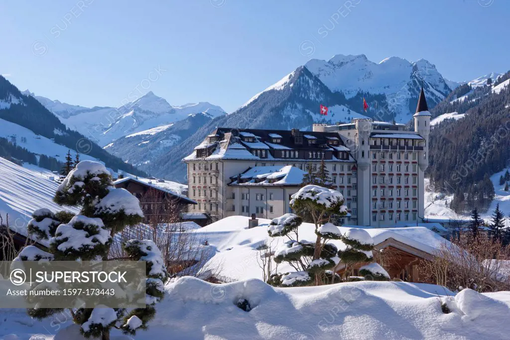 Palace, Gstaad, winter, village, canton, Bern, Bernese Oberland, catering, restaurant, hotel, Switzerland, Europe,
