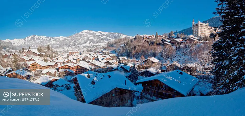 Gstaad, BE, winter, canton, Bern, Bernese Oberland, panorama, Switzerland, Europe, hotel, Place, village
