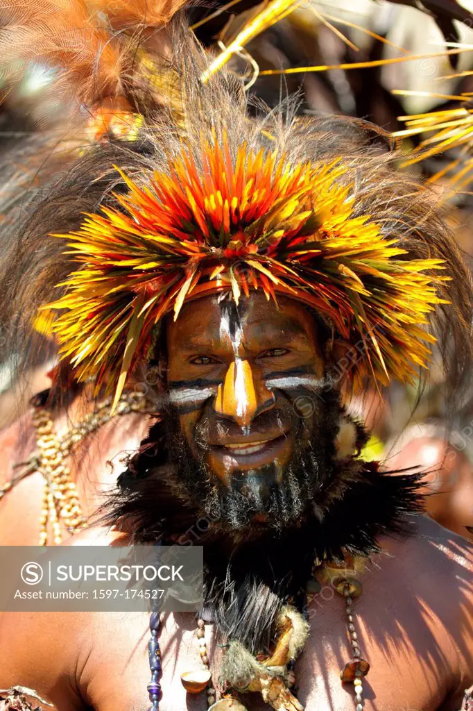 culture, ethnic, person, indigenous, people, native, tribes, tribesman, highlander, headdress, face paint, bird of paradise, front view, portrait, Gor...