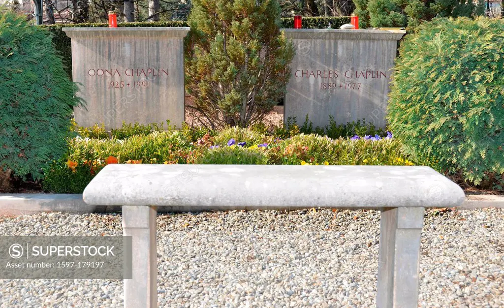 The final resting place of Charlie Chaplin and his wife Oona at a small village cemetry near the town of Vevey, Switzerland