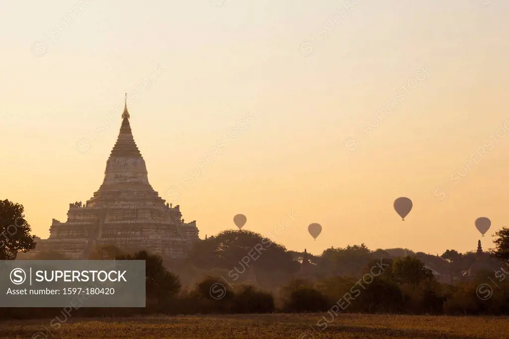 Asia, Myanmar, Burma, Bagan, Shwesandaw Pagoda, Pagoda, Pagodas, Hot Air Balloons, Ballooning, Tourists, Tourism, Dawn, Sunrise, Moody