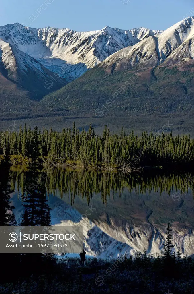 lake, reflection, kluane mountains, Yukon, Canada, forest, landscape