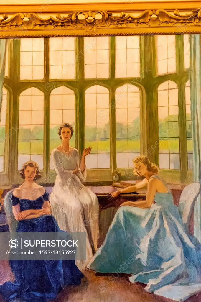 England, Kent, Leeds Castle, Portrait of Lady Baillie and her Daughters Susan and Pauline by Drian dated 1947