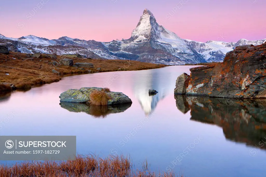 Stelli, lake, Switzerland, Europe, canton, Valais, Mattertal, mountain, Matterhorn, mountain lake, reflection, autumn, daybreak, rock, cliff,