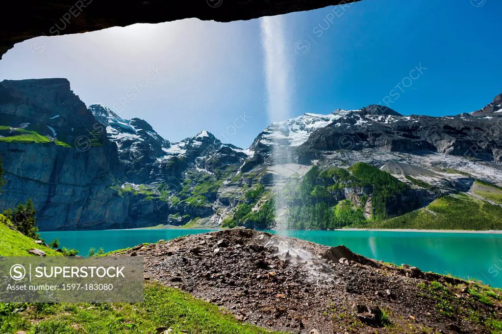 Lake Oeschinen, lake, Switzerland, Europe, canton, Bern, Bernese Oberland, Kandertal, Kander Valley, mountains, mountain lake, waterfall