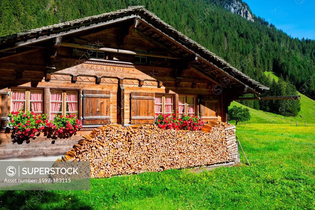 Valley of Rosenlaui, Switzerland, Europe, canton, Bern, Bernese Oberland, mountain house, floral decoration, firewood, meadow, wood, forest,