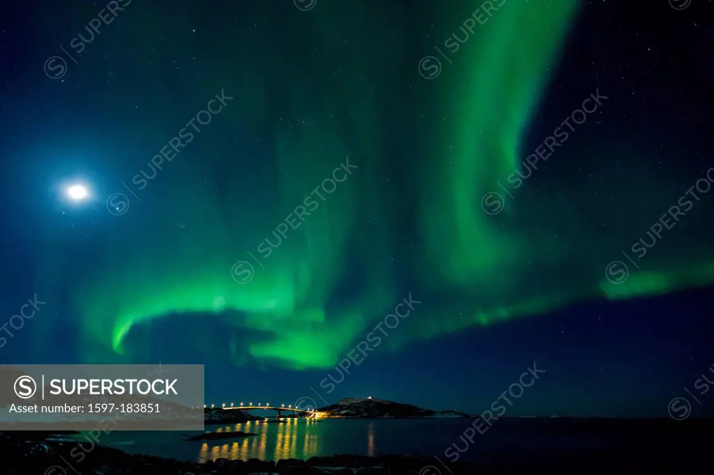 Aurora Borealis, bridge, Europe, sea, moon, night, Northern lights, Norway, polar light, Scandinavia, Sommaröy, beach, seashore, Tromsö, shore, winter...