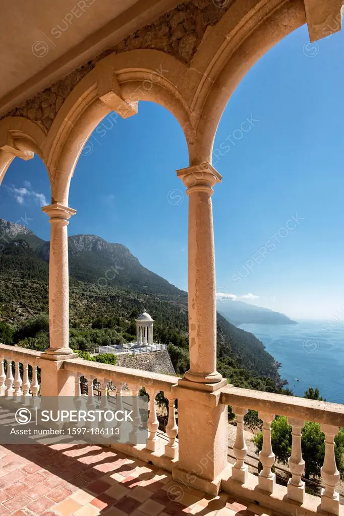 Mallorca, Balearics, Son Marroig, arch, architecture, baranda, blue, cliff, island, landscape, lookout, Mediterranean, scenic, Spain, Europe, terrace,...