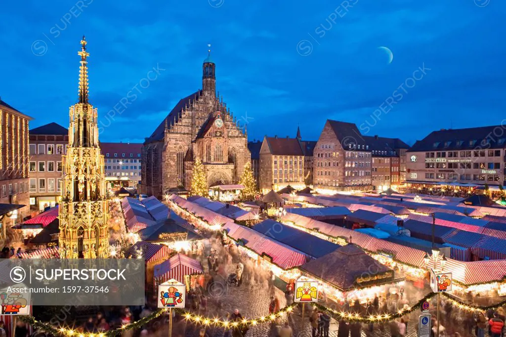 Germany, Europe, Bavaria, Nuremberg, Nurnberg, Christmas Market, Christkindlmarkt, overlook, overview, high angle, old