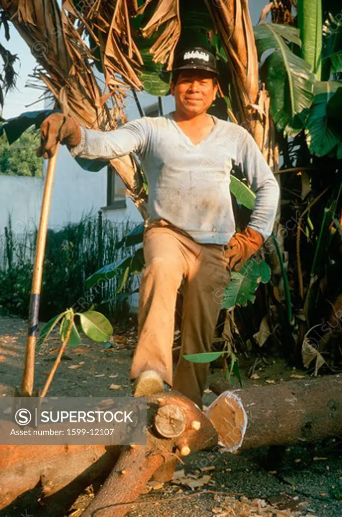 A Mexican laborer doing heavy yard work