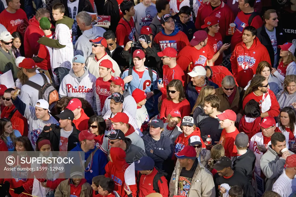 Philadelphia Phillies fans celebrating Phillies World Series victory October 31, 2008 with parade down Broad Street Philadelphia, PA