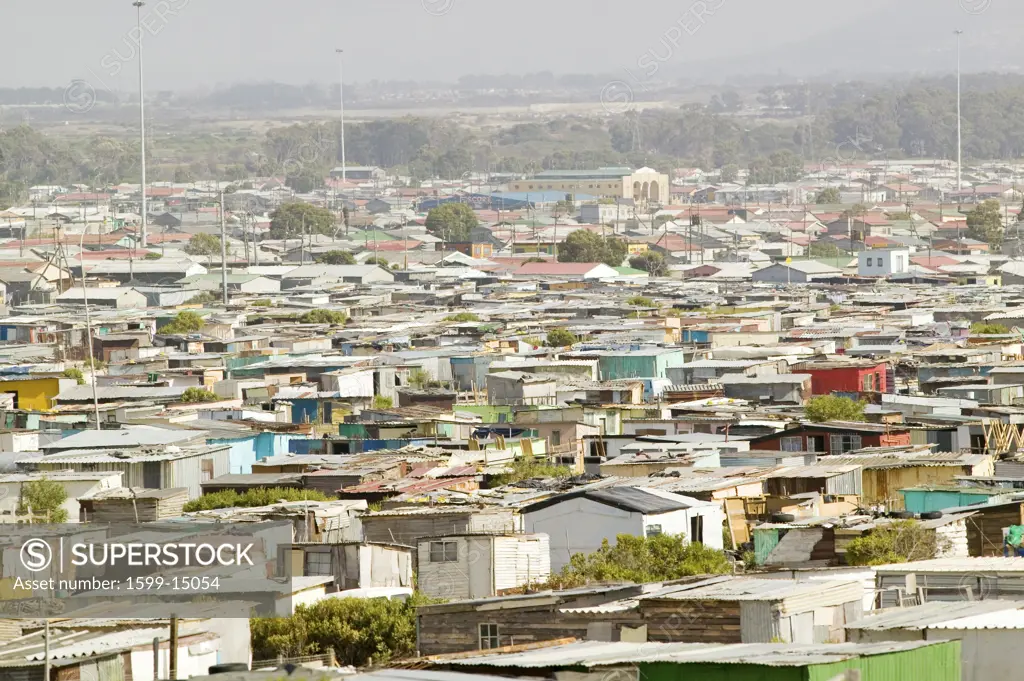 Elevated view of shanty towns or Squatter Camps, also known as bidonvilles, in Cape Town, South Africa