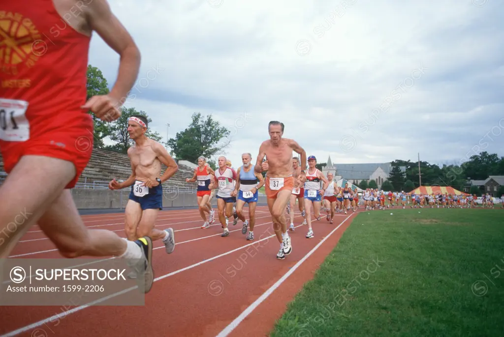 View from infield of runners at the Senior Olympics in St. Louis, Missouri