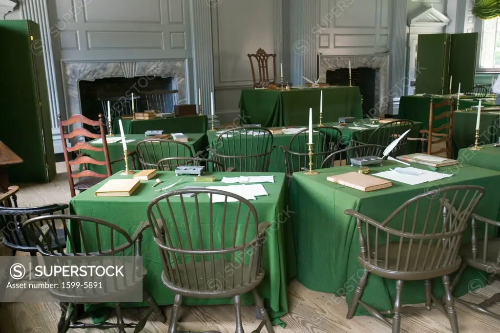 The Assembly Room where Declaration of Independence and U.S. Constitution were signed in Independence Hall, Philadelphia, Pennsylvania