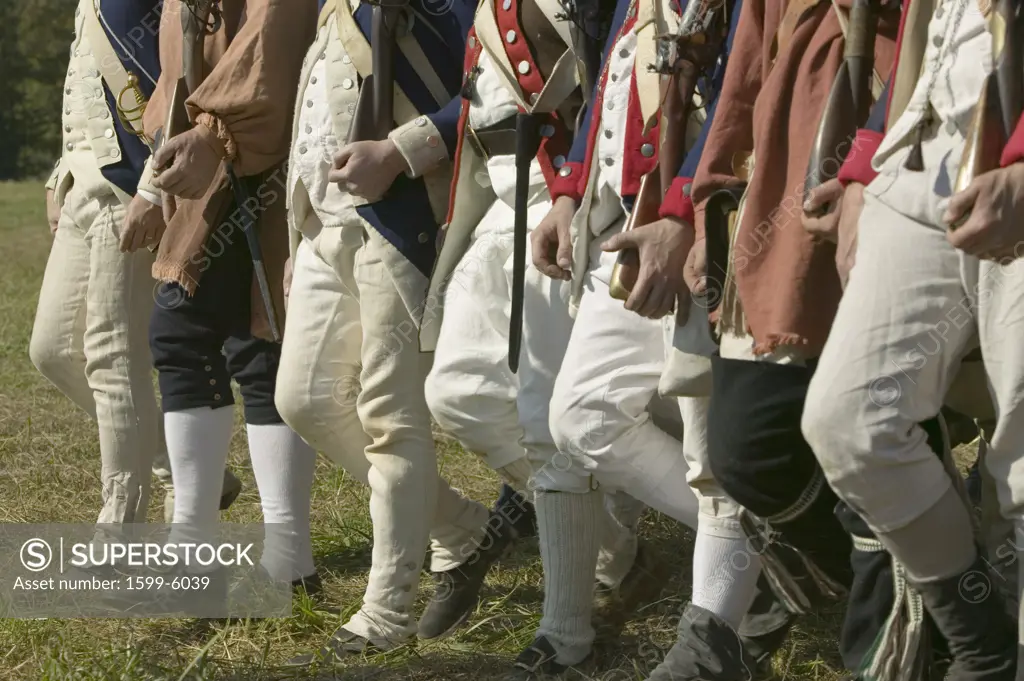 Continentals on the march in re-enactment of Attack on Redoubts 9 & 10, where the major infantry action of the siege of Yorktown took place. General Washington's armies captured two British fortifications, Endview Plantation (circa 1769), near Yorktown Virginia. Part of the 225th anniversary of the Victory of Yorktown, a reenactment of the defeat of the British Army and the end of the American Revolution.