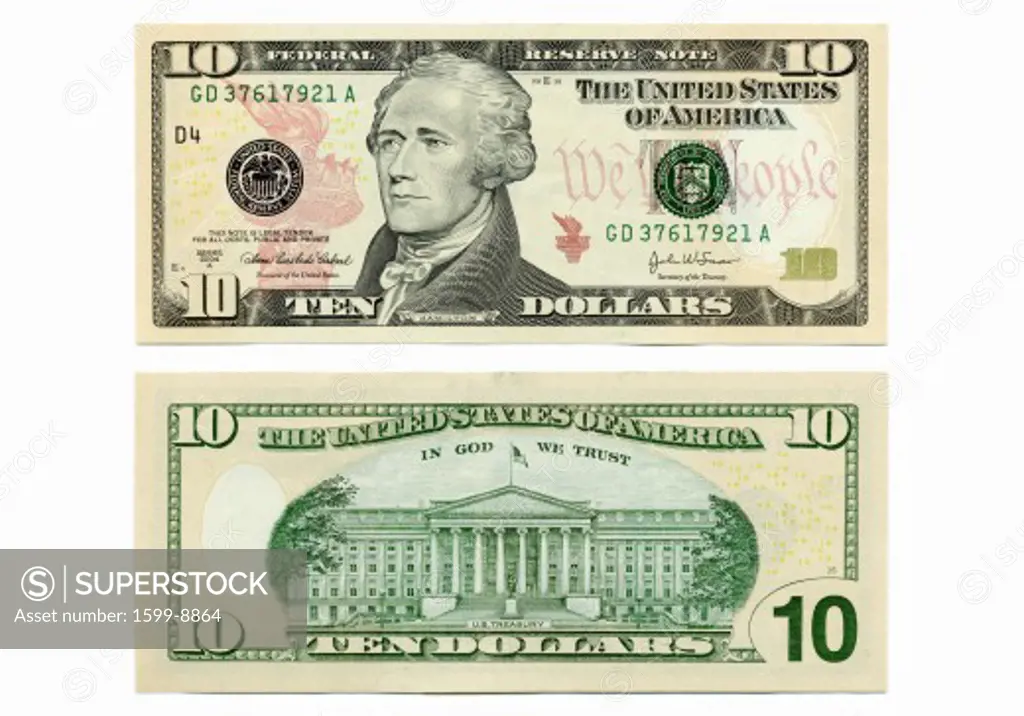 Front and back side of the new ten dollar bill