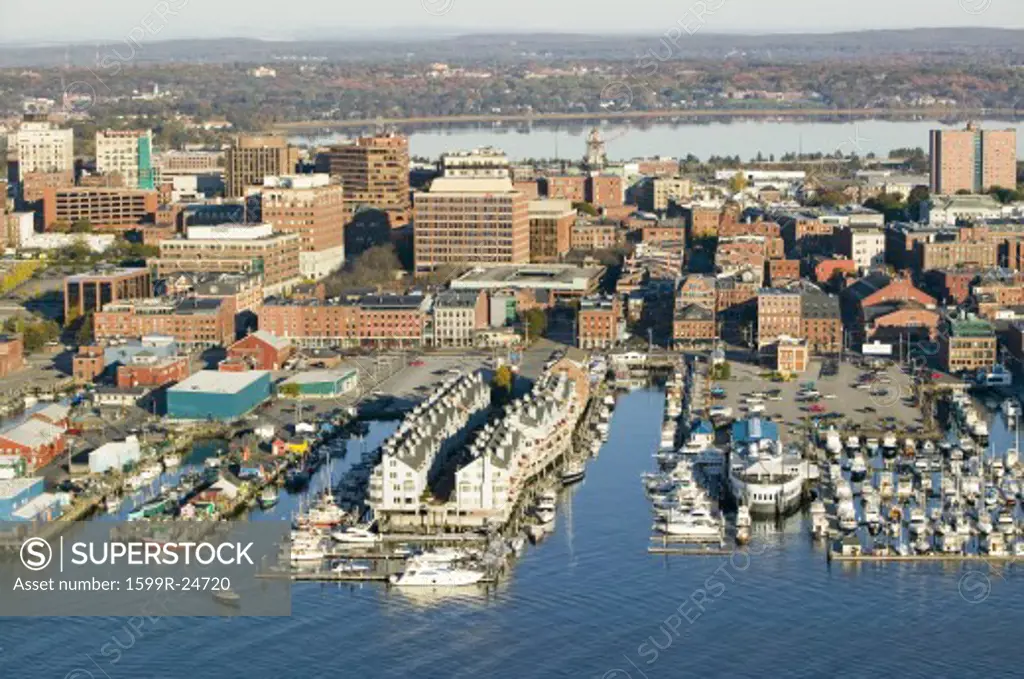 Aerial of downtown Portland Harbor and Portland Maine with view of Maine Medical Center, Commercial street, Old Port and Back Bay.