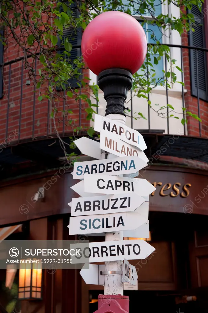 Road signs pointing to famous Italian towns and cities, historic North End, the Italian section of Boston Ma.