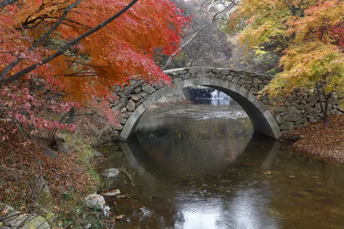 Autumn color and old stone arched bridge at Namsangol traditional folk village, Seoul, South Korea - NOVEMBER 2013