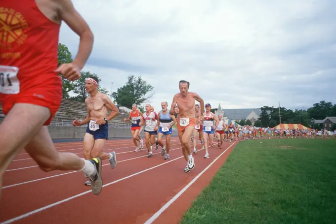 View from infield of runners at the Senior Olympics in St. Louis, Missouri