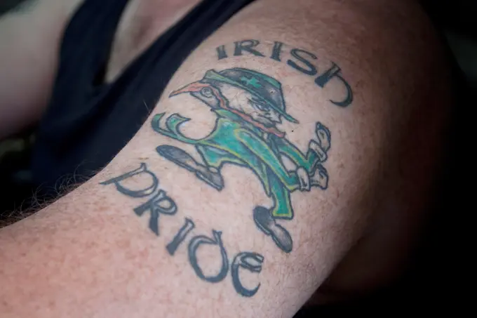 Closeup of ""Irish Pride"" tatoo on arm in Boston MA