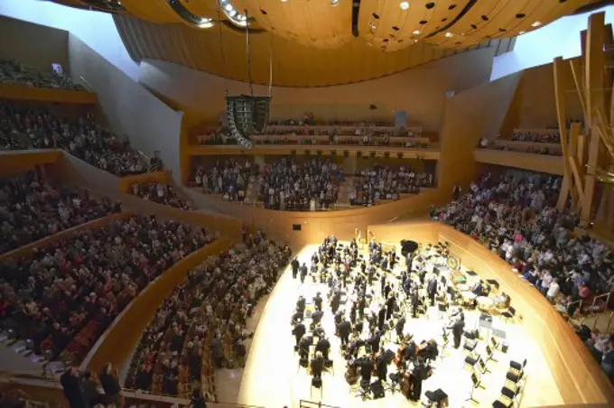 The Los Angeles Philharmonic orchestra performing at the new Disney Concert Hall, designed by Frank Gehry 