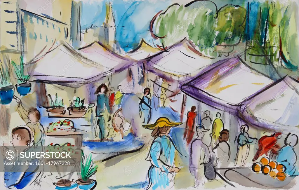 At the Market, Union Square, 2015, Richard H. Fox (b.1960/American), Watercolor and Ink on Paper