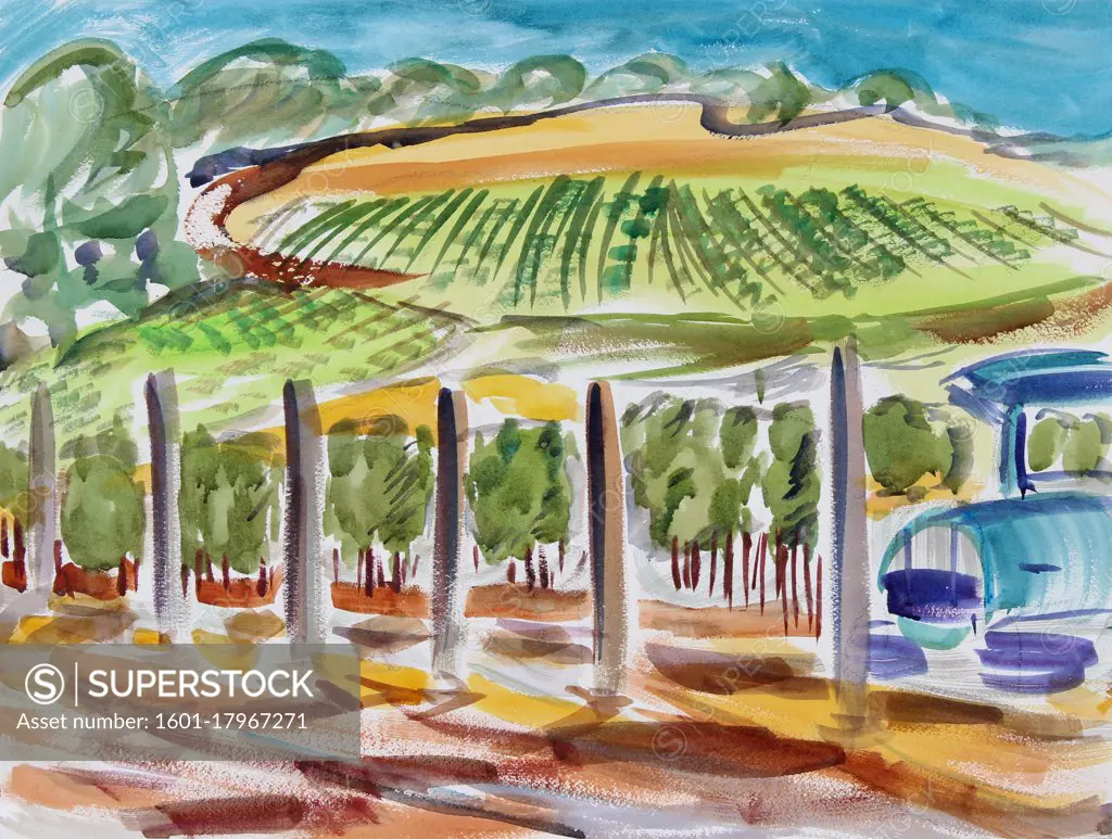 Truck in a Vineyard, 2017, Richard H. Fox (b.1960/American), Watercolor on Paper