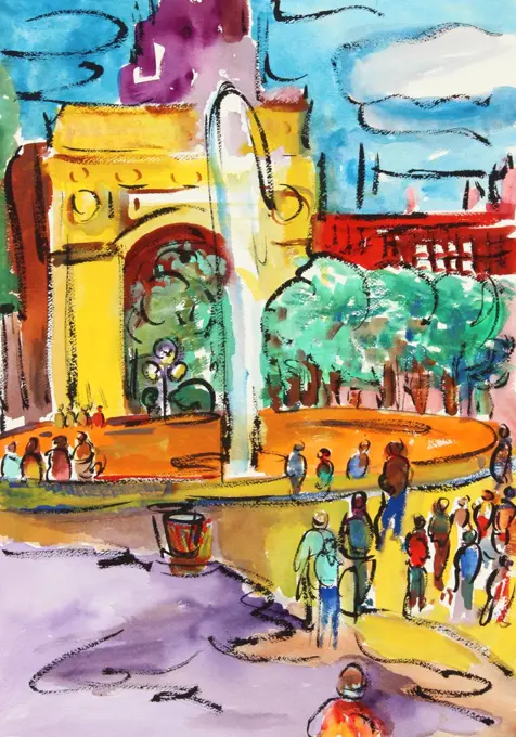 Fountain, Washington Square Park, 2000, Richard H. Fox (b.1960/American), Watercolor and Ink on Paper