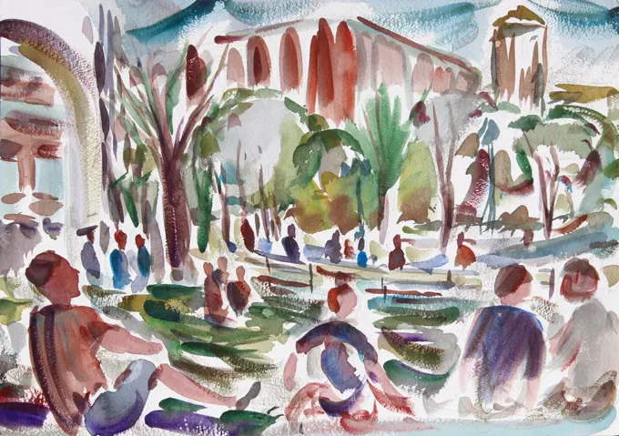 Hanging Out in Washington Square Park, 2014, Richard H. Fox (b.1960/American), Watercolor on Paper