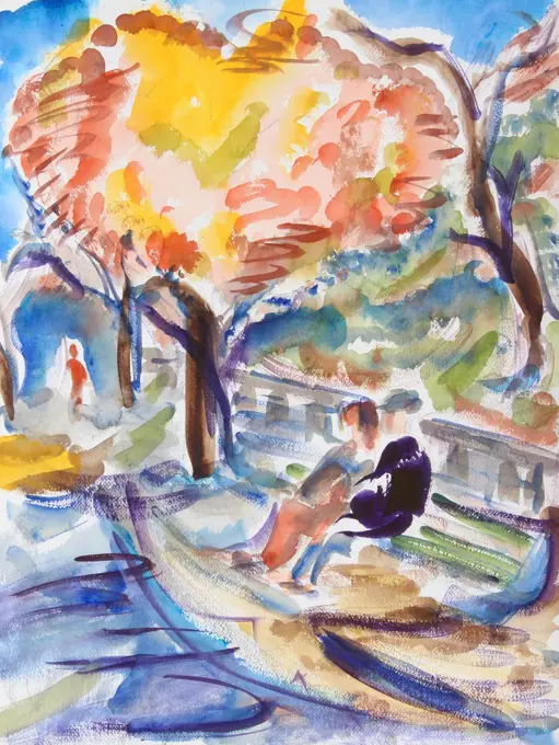 On a Park Bench, 2015, Richard H. Fox (b.1960/American), Watercolor on Paper