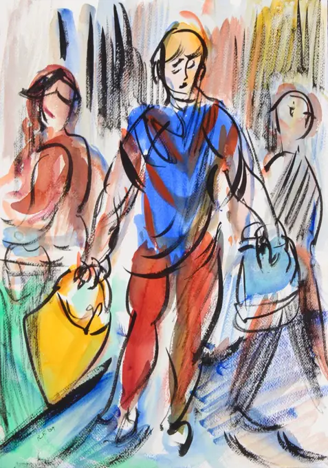 Shopping, 2009, Richard H. Fox (b.1960/American), Watercolor and Ink on Paper