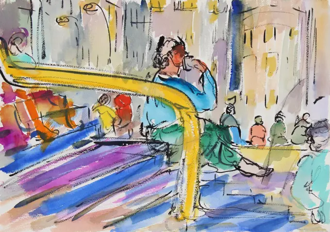 Sitting on the Steps, 2000, Richard H. Fox (b.1960/American), Watercolor and Ink on Paper